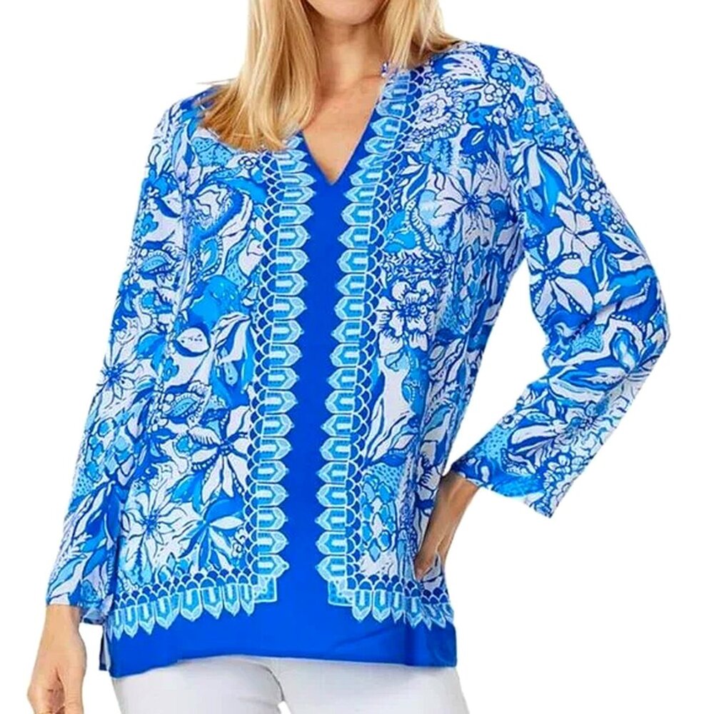 Lilly Pulitzer Luna Bay Tunic, Blue Floral Paisley Long Sleeve V-Neck Top Womens